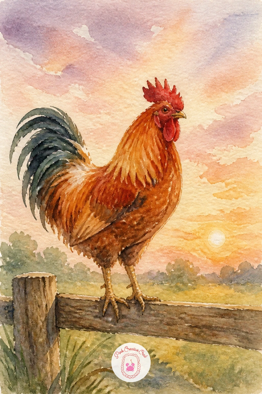 Rooster on a Fence at Dawn — Move up to a rooster on a fence at dawn, where the light source does the heavy lifting. Watercolor chickens