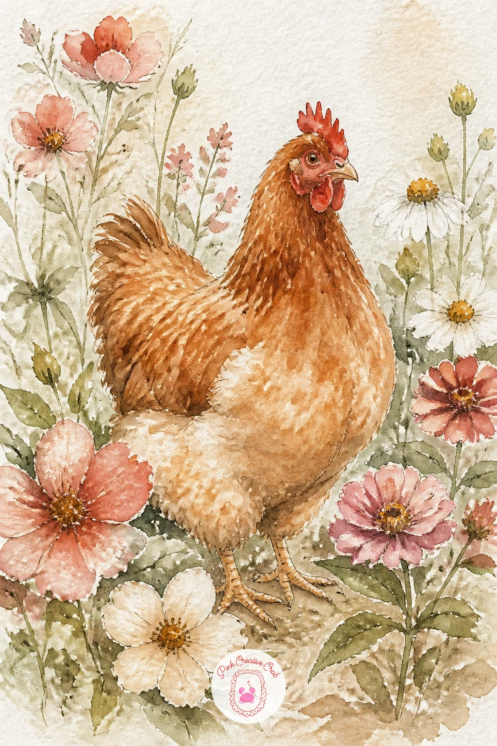 Hen in a Flower Garden — Give the hen a change of scenery and set her in a flower garden among loose cottage blooms. Watercolor chickens