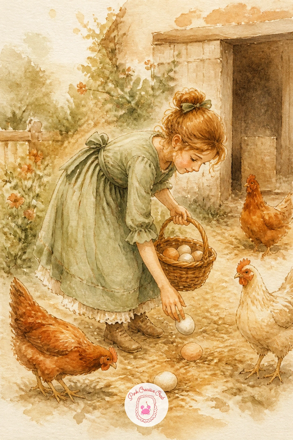 Girl Collecting Eggs — Bring a figure into the scene with a girl collecting eggs, which adds storytelling without adding much difficulty. Watercolor chickens