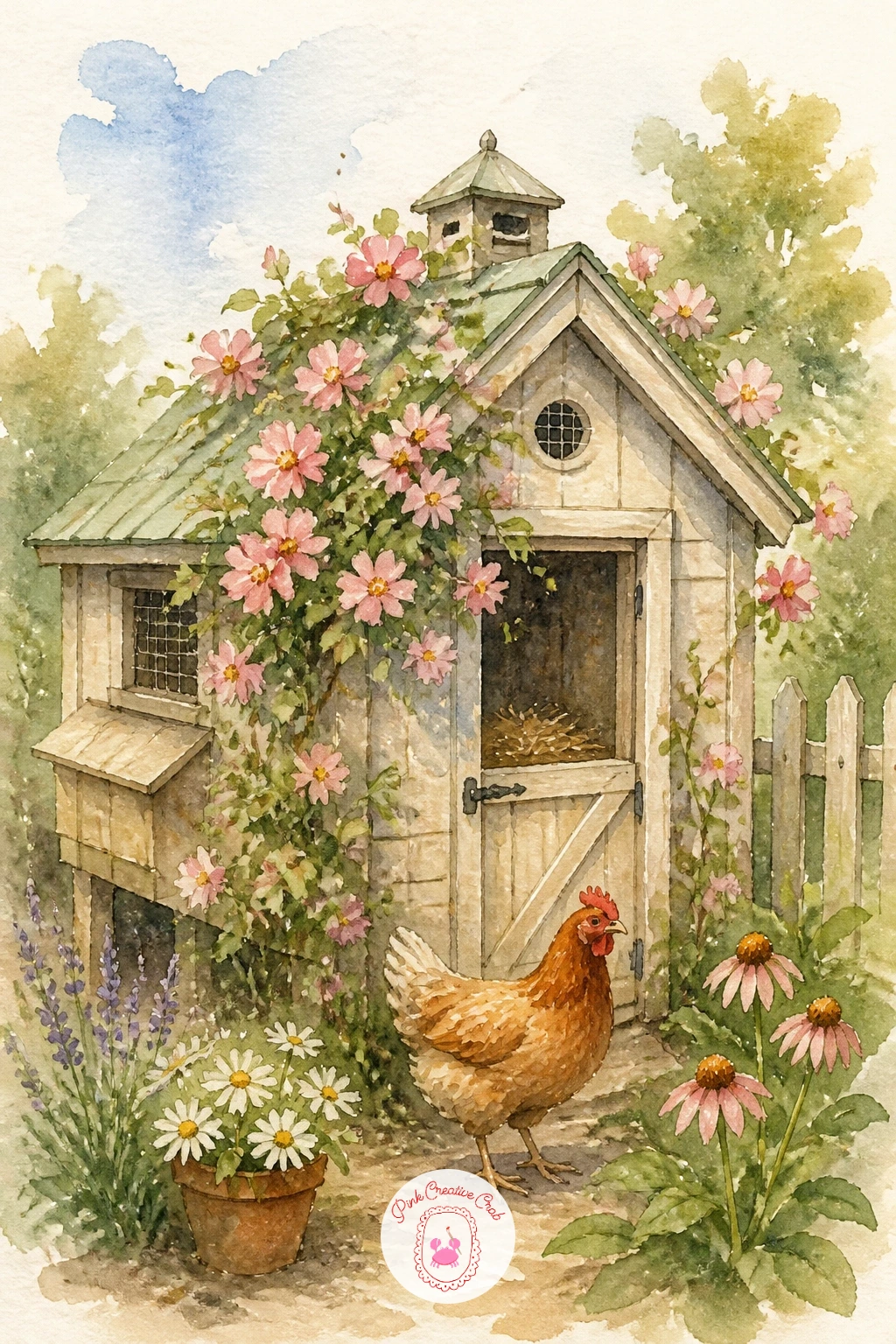 Chicken Coop With Flowers — Try a small building next with a chicken coop covered in flowers, a classic cottagecore corner that teaches basic perspective