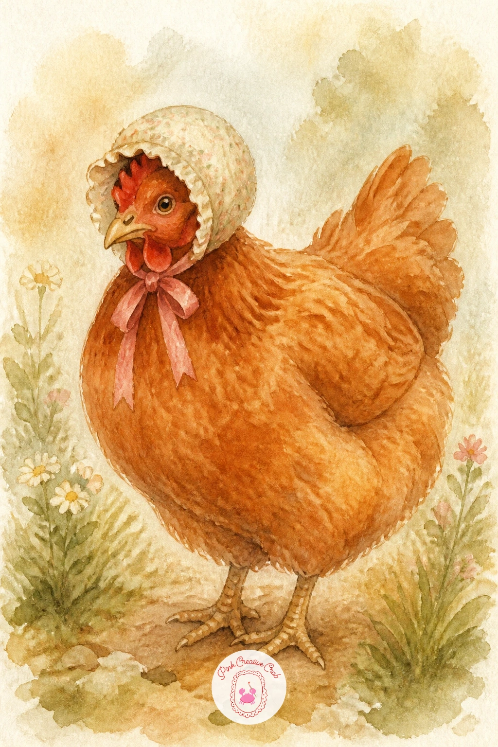 Hen Wearing a Tiny Bonnet — Keep the whimsy going with a hen wearing a tiny bonnet, a favorite cottagecore detail that only needs a few careful strokes.