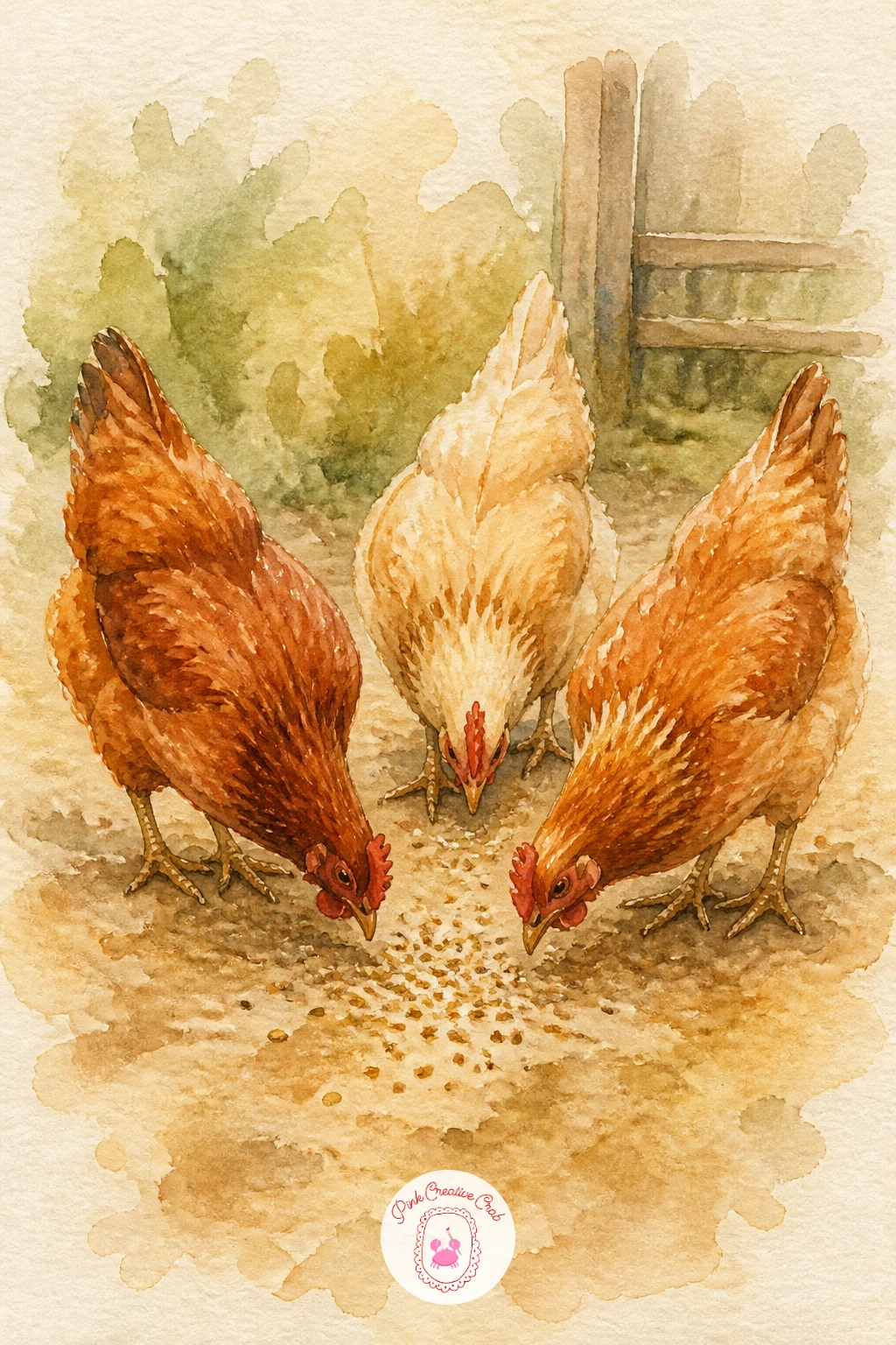 Chickens Pecking at Seeds — Chickens pecking at seeds is a good group exercise, since you paint the same basic hen shape two or three times from different