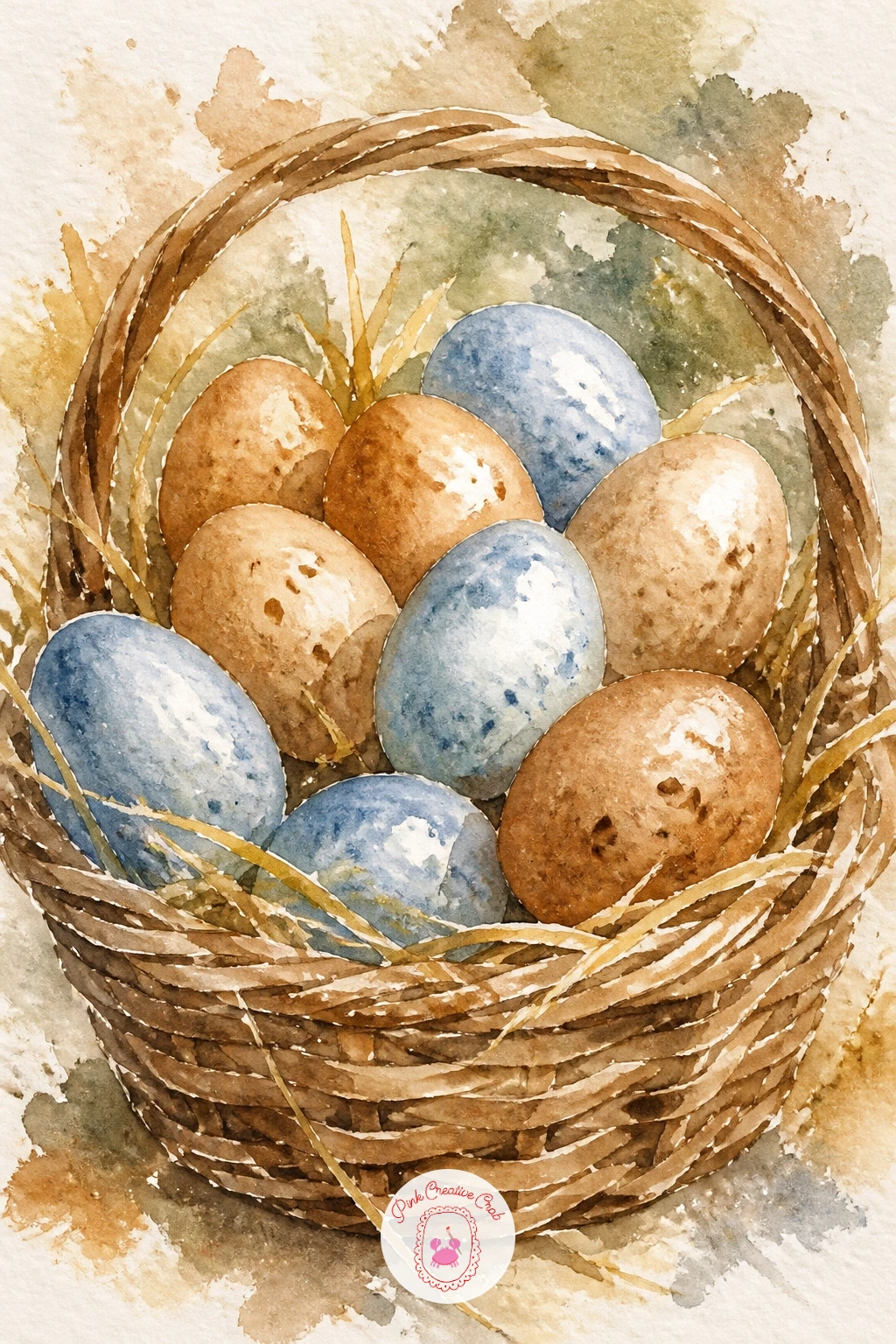 Basket of Brown and Blue Eggs — After the hatching chick, slow down with a still life: a basket of brown and blue eggs sitting quietly in a woven basket.