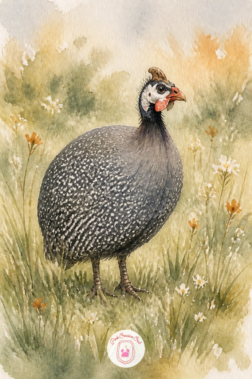 Guinea Fowl in a Meadow — Guinea fowl in a meadow bring in a new texture challenge: their speckled bodies. Watercolor chickens
