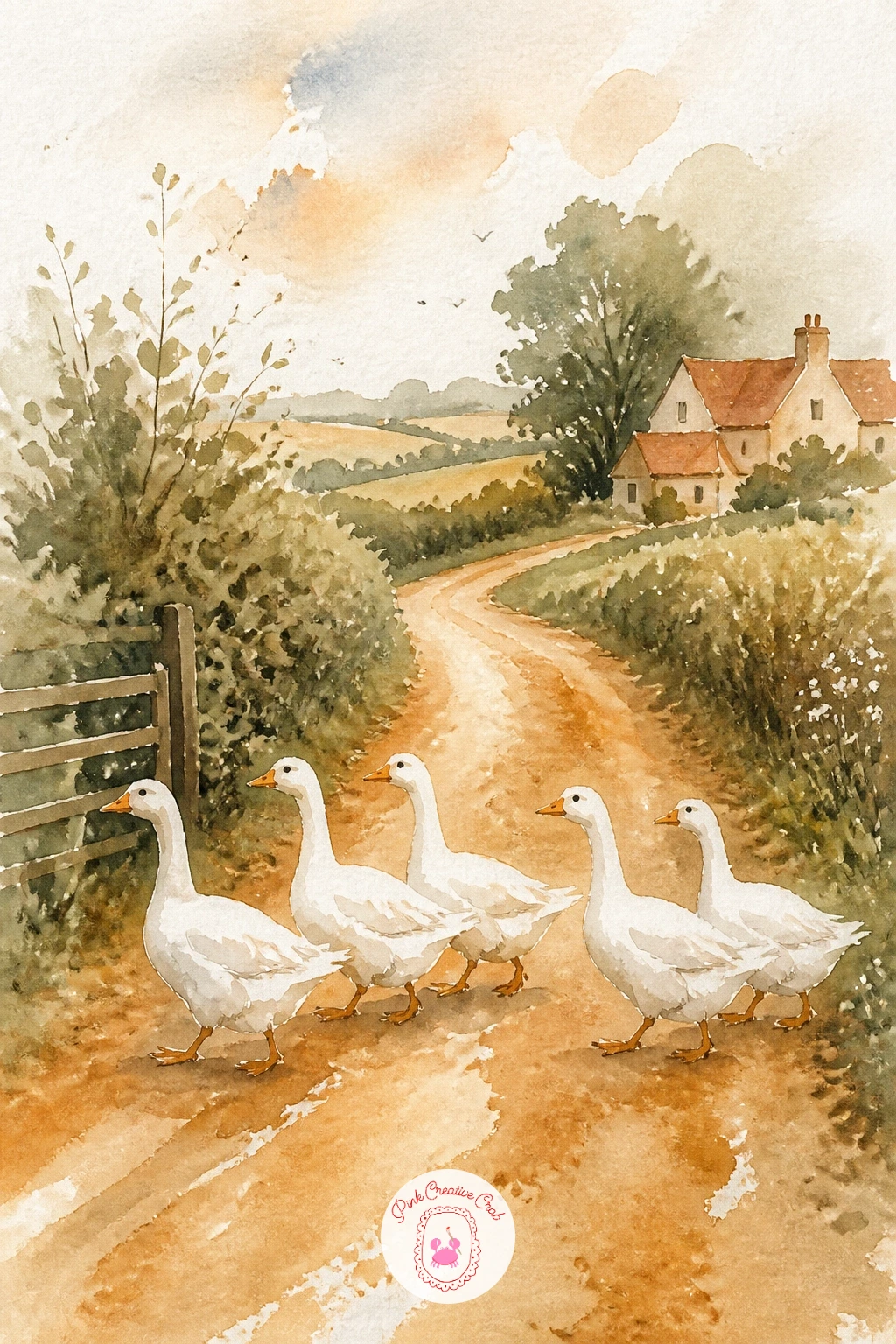 Geese Crossing a Country Lane — Widen the scene with geese crossing a country lane, which introduces a simple sense of perspective without much extra work.