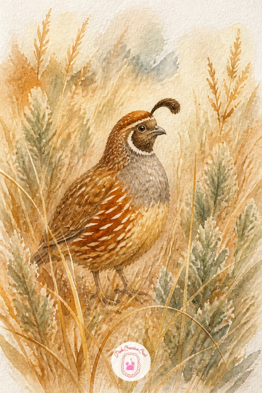 Quail in Tall Grass — Quail in tall grass is a quieter, smaller study that rewards patience with edges. Watercolor chickens