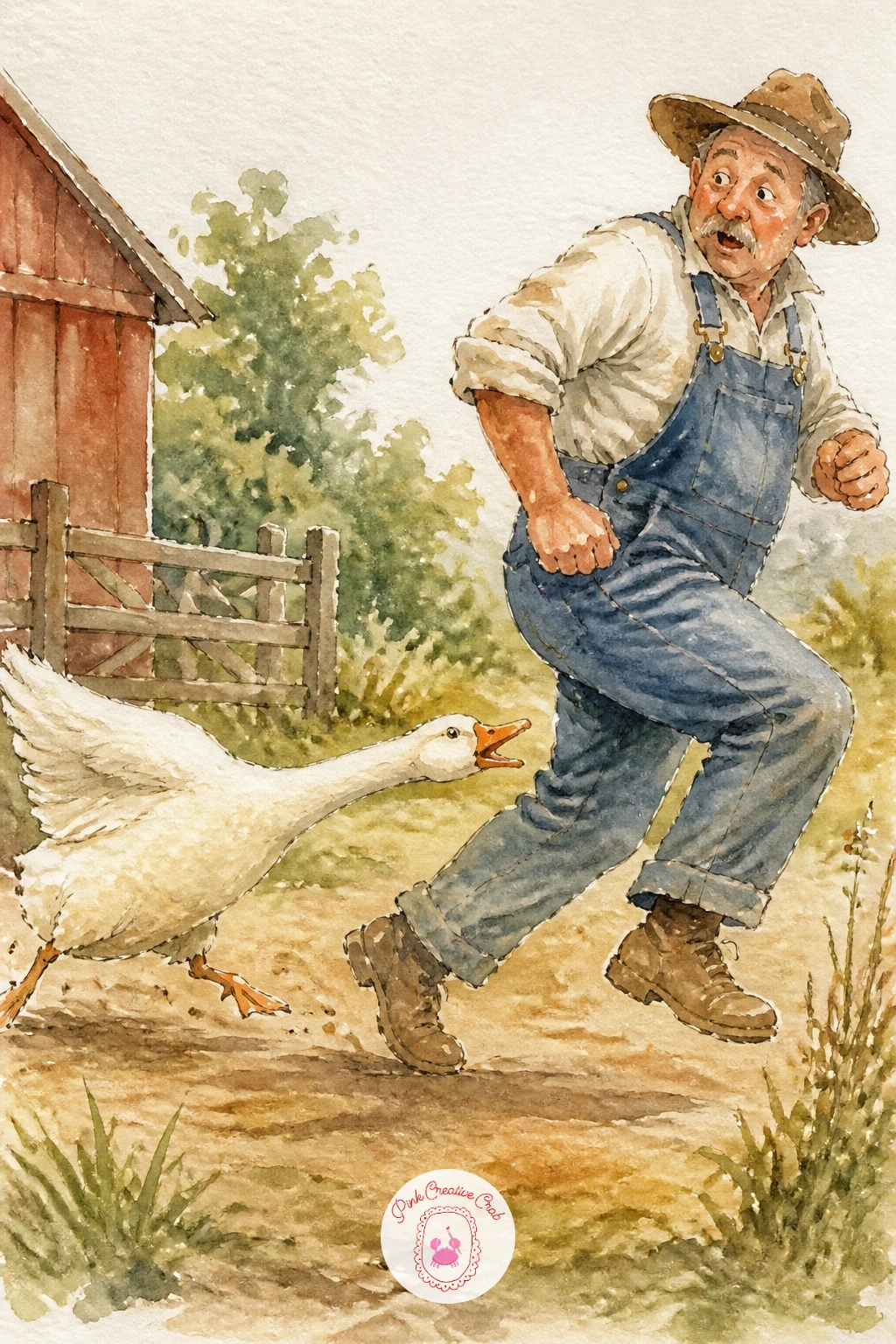 Goose Chasing a Farmer — Add some motion with a goose chasing a farmer, a classic farmyard moment that lives entirely in body language. Watercolor chickens