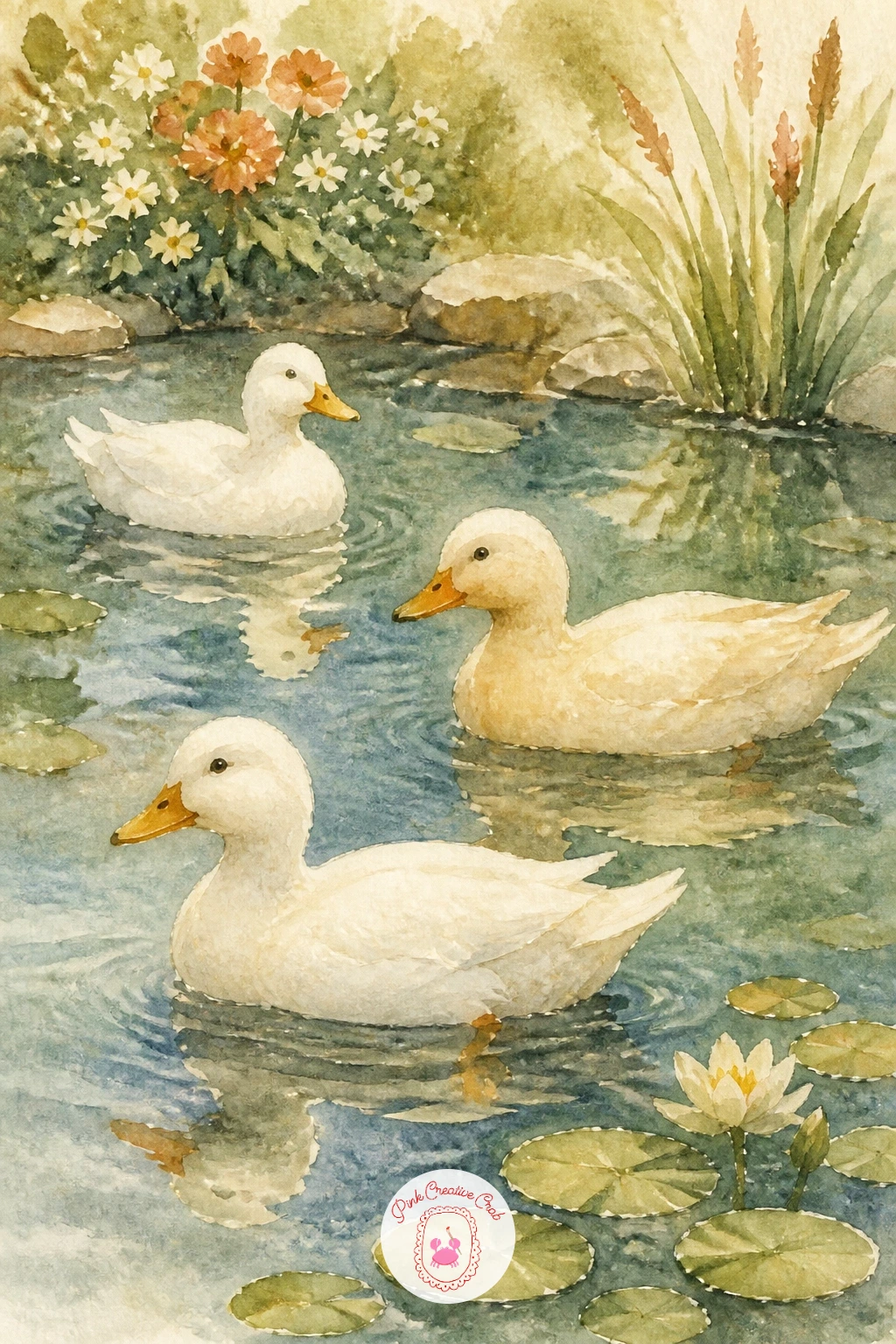 Ducks in a Garden Pond — Settle back into something calmer with ducks in a garden pond, where reflections do most of the work. Watercolor chickens