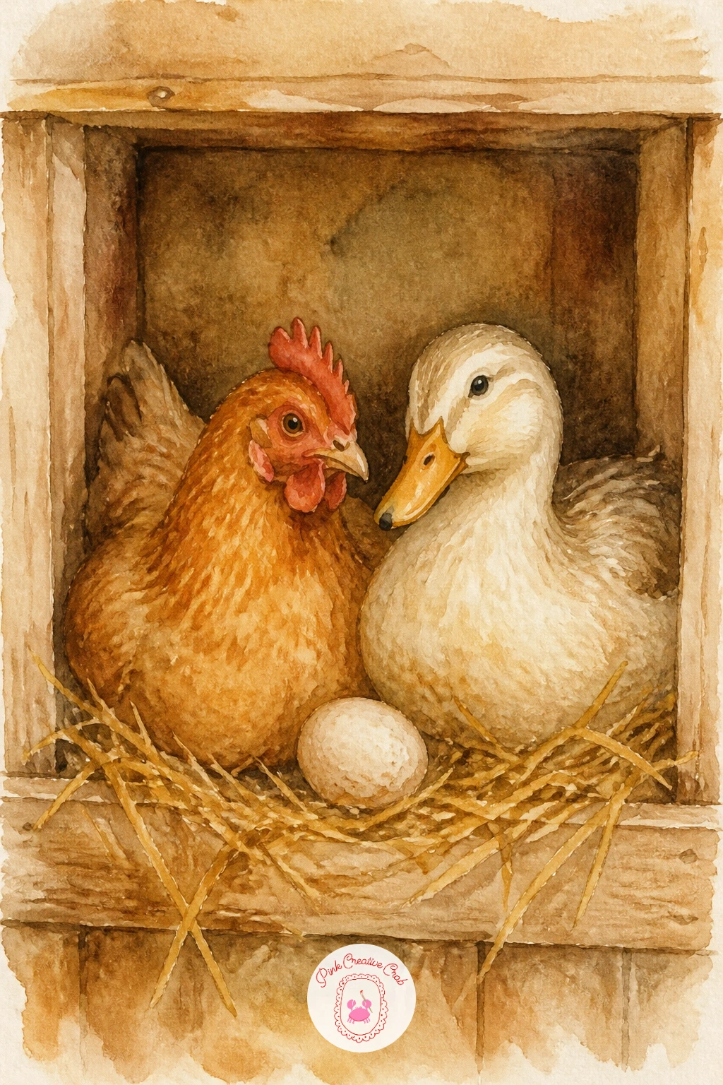 Duck and Hen Sharing a Nest Box — Bring two birds together with a duck and a hen sharing a nest box, a cozy pairing that plays on their different shapes side