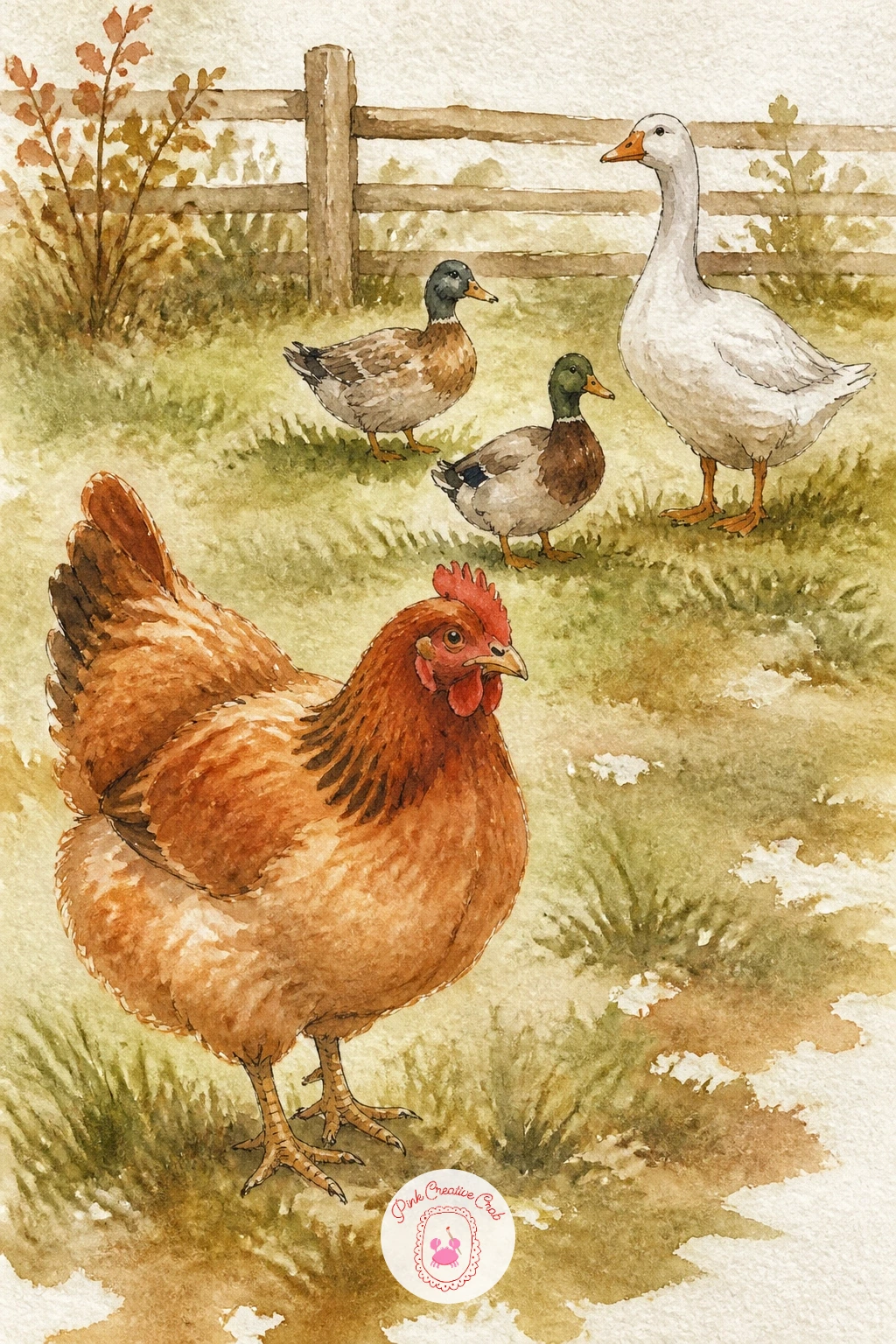 Farmyard With Mixed Birds — Pull several birds together into one farmyard with mixed birds, a lively composition that works best once you are comfortable