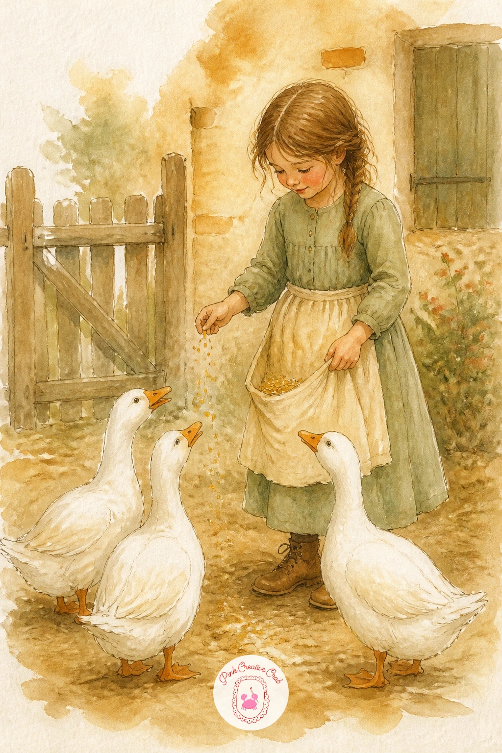 Girl Feeding Geese — Return to a figure with a girl feeding geese, scattering feed from an apron held out in front of her. Watercolor chickens