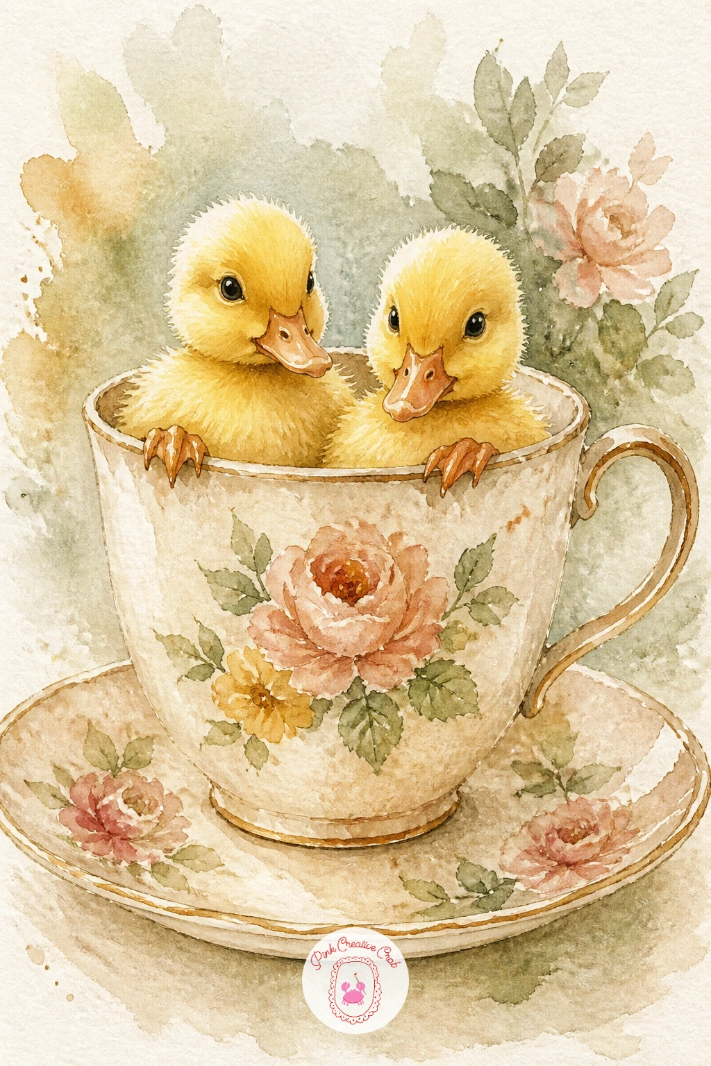 Ducklings in a Teacup — Shrink the scale down with ducklings in a teacup, a whimsical cottagecore pairing that needs careful proportion to work. Watercolor