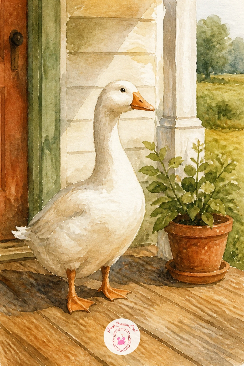 Goose on a Farmhouse Porch — Settle the goose somewhere cozy with a goose on a farmhouse porch, tucked beside a potted plant or a pair of old boots. Watercolor