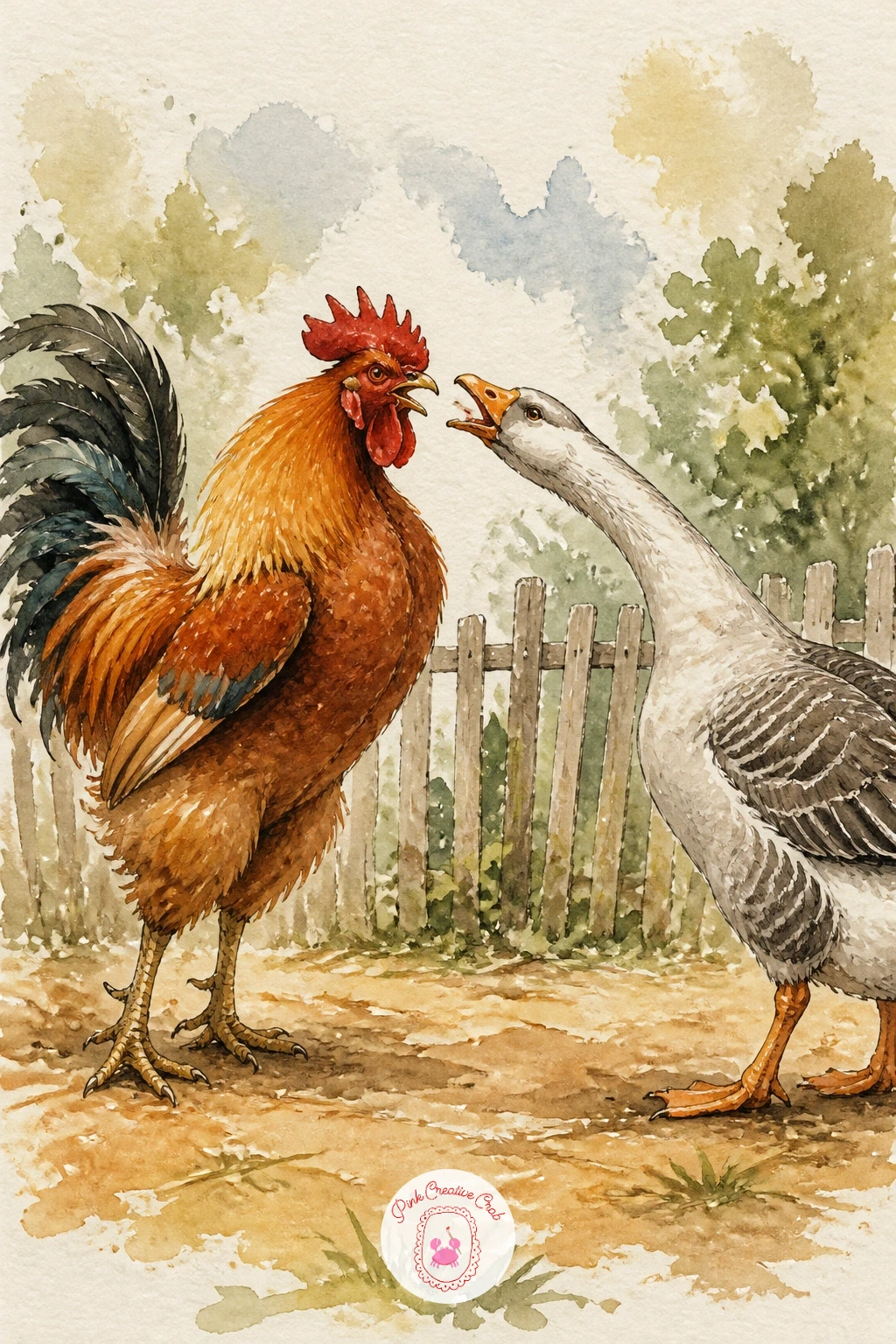 Rooster and Goose Arguing — Bring the two birds head to head with a rooster and a goose arguing, a comic little standoff built entirely on posture. Watercolor