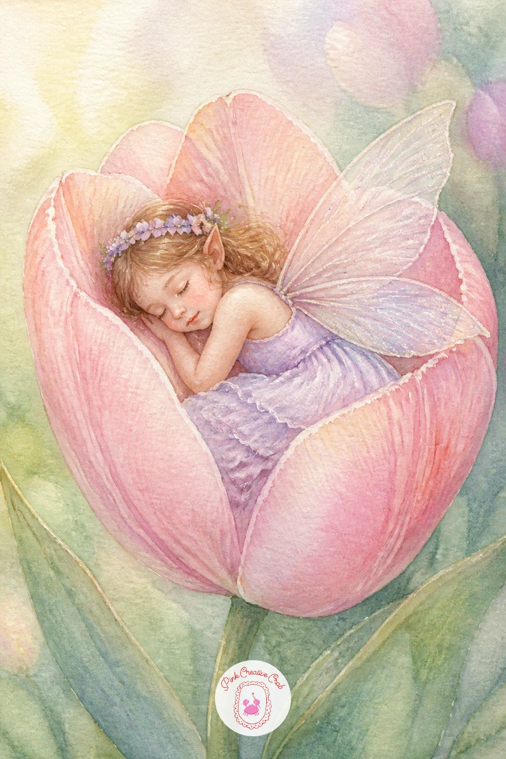 Fairy Sleeping in a Tulip — Start with the easiest pose in the whole set: a fairy curled up asleep inside a tulip cup. Fairy watercolor