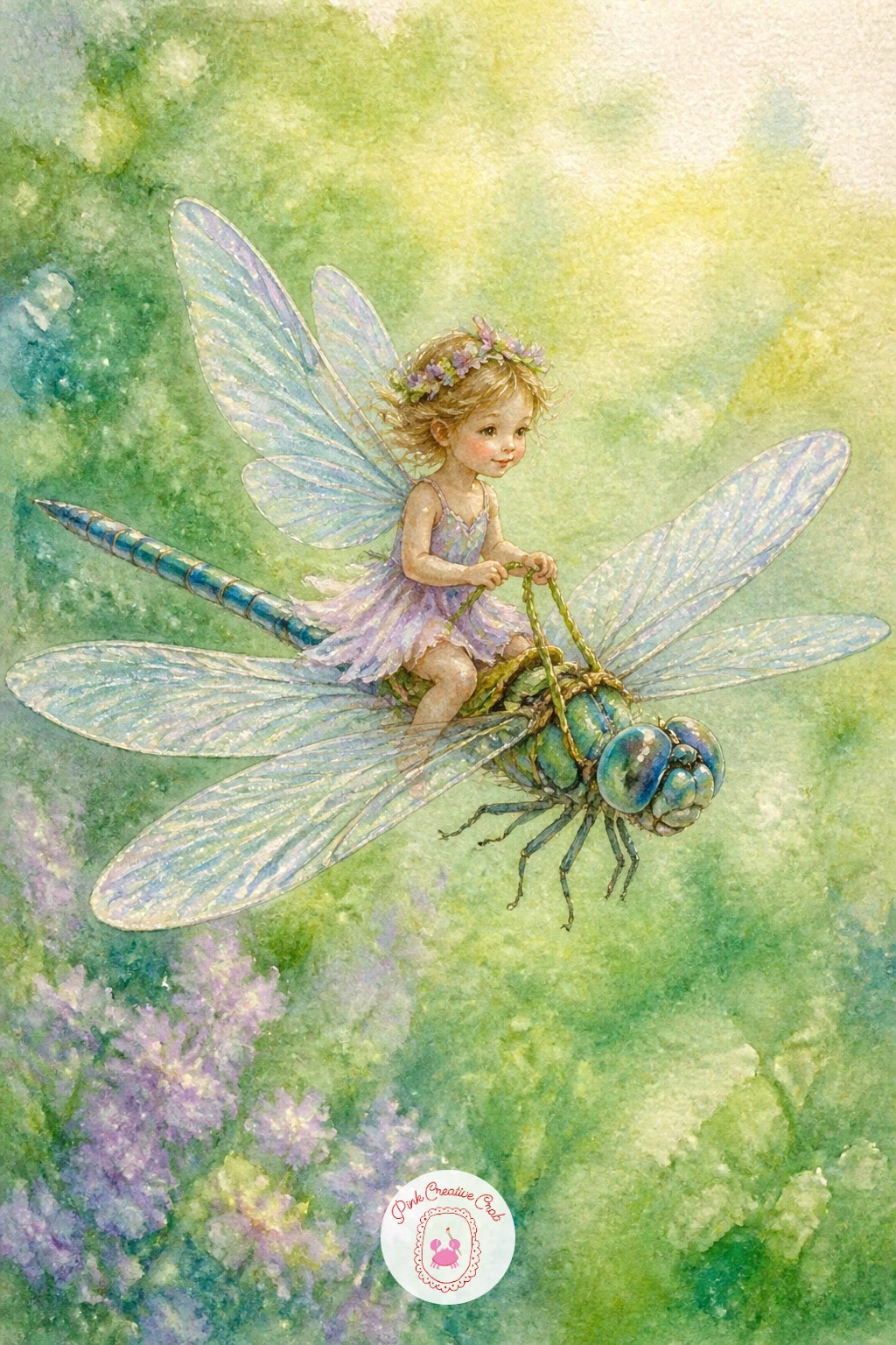 Fairy Riding a Dragonfly — Once sleeping poses feel comfortable, try movement with a fairy perched astride a dragonfly in flight. Fairy watercolor