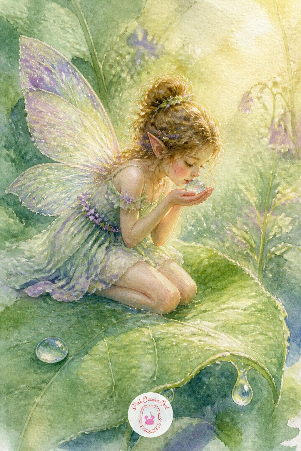 Fairy Drinking Dew From a Leaf — Bring the scene down to ground level with a fairy kneeling on a leaf to sip a drop of dew. Fairy watercolor