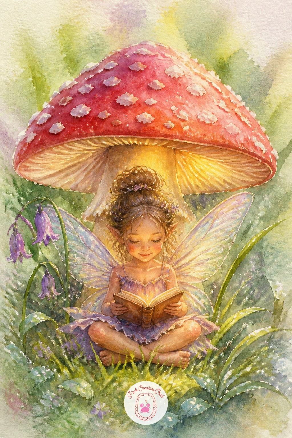 Fairy Reading Under a Mushroom — Give your fairy a quiet moment with one reading a tiny book while sheltered under a red and white mushroom cap. Fairy