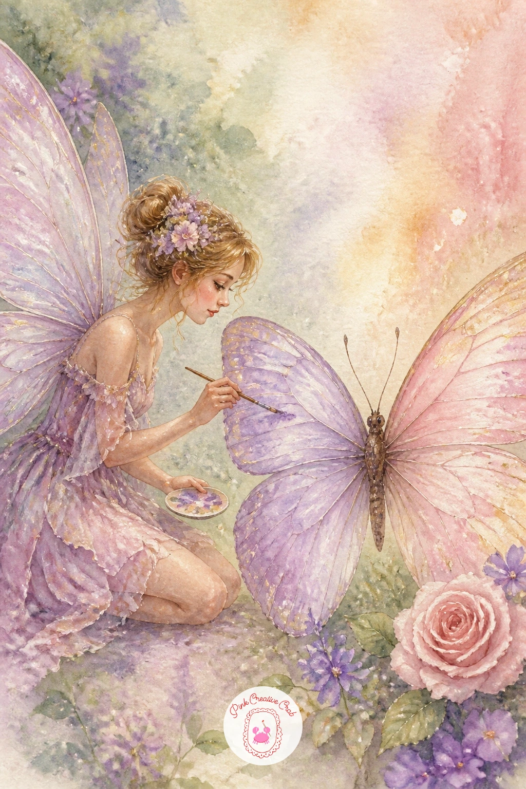 Fairy Painting a Butterfly's Wings — Lean into the whimsy with a fairy caught mid brushstroke, actually painting color onto a butterfly's wing with a tiny
