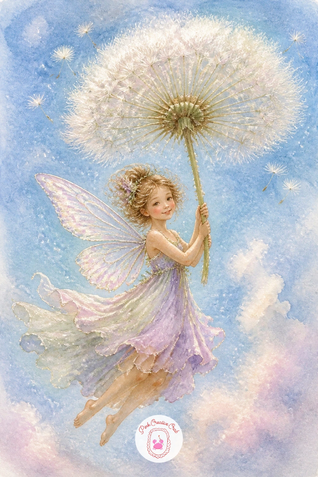 Fairy With a Dandelion Umbrella — Float your fairy through the air holding a dandelion seed head like a tiny umbrella. Fairy watercolor