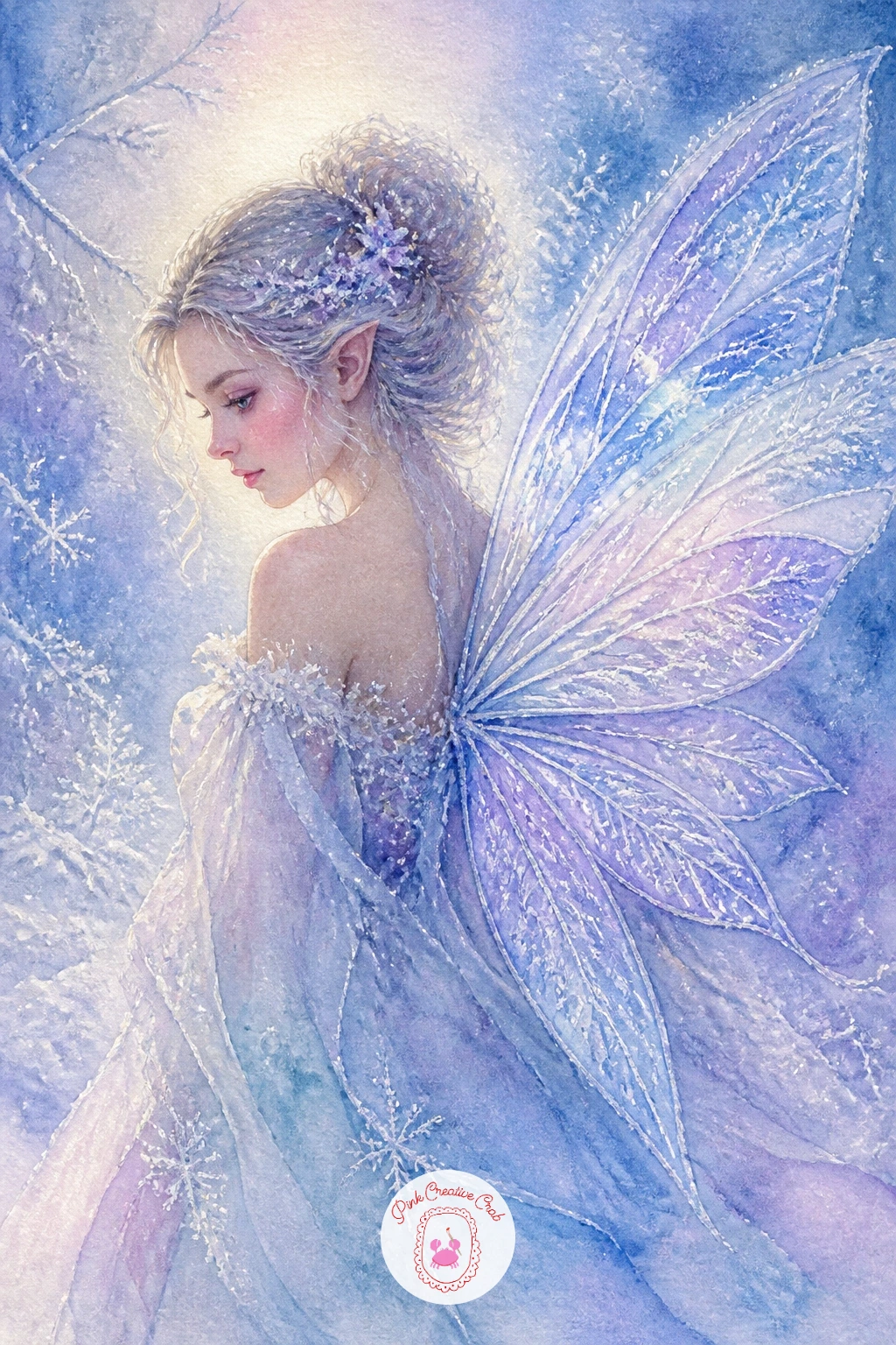 Winter Fairy With Frosted Wings — Shift the season with a winter fairy whose wings look dusted in frost rather than glowing with summer light. Fairy watercolor