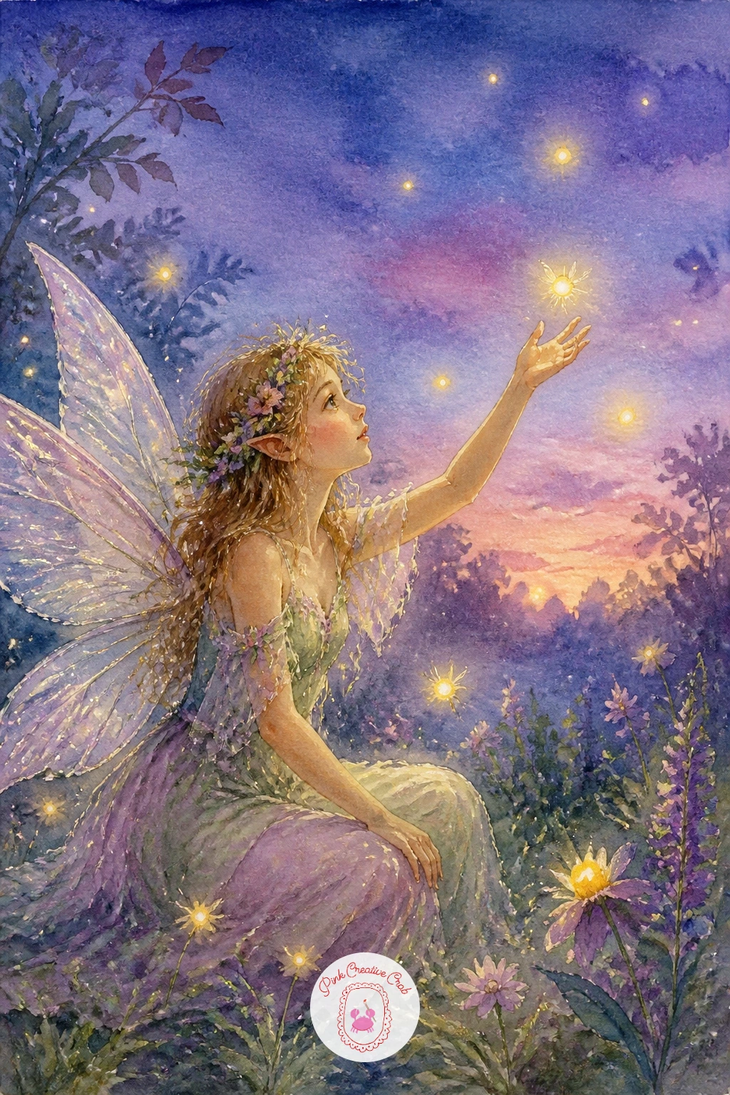 Fairy Lighting Fireflies at Dusk — Move into evening light with a fairy reaching out to touch a cluster of fireflies as dusk settles around her. Fairy