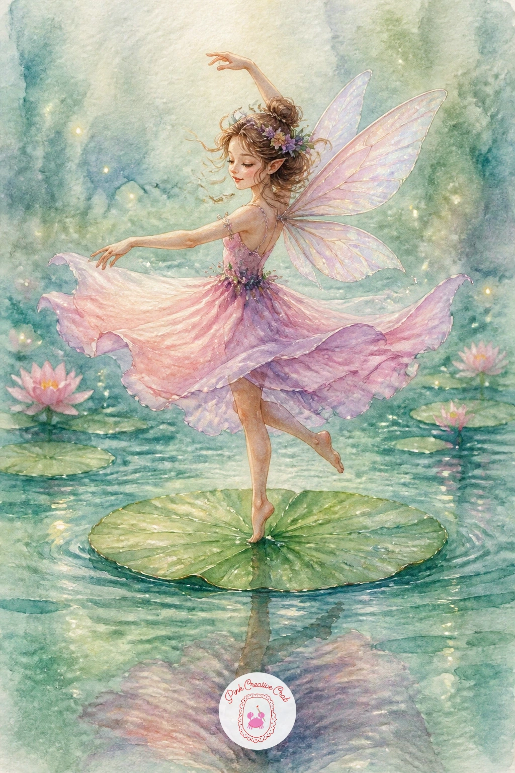 Fairy Dancing on a Lily Pad — Bring the scene to a pond's surface with a fairy mid-twirl on a floating lily pad, skirt flared out from the turn. Fairy