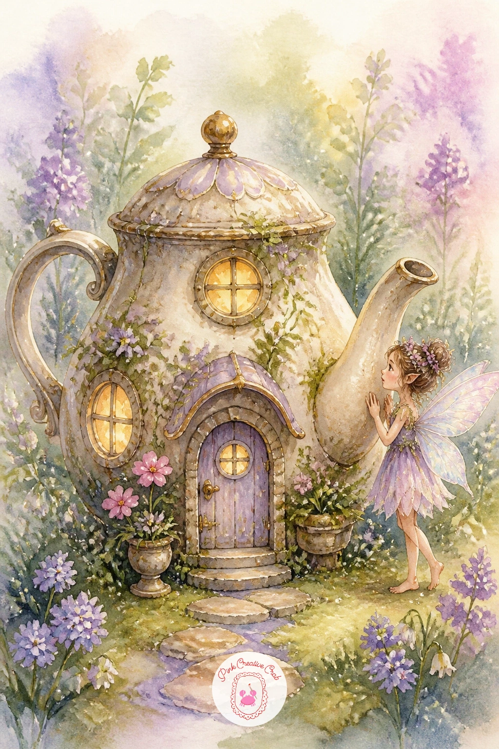 Fairy House in a Teapot — Give the whole scene a cozy architectural twist with a tiny fairy house built inside an old teapot, little windows glowing from