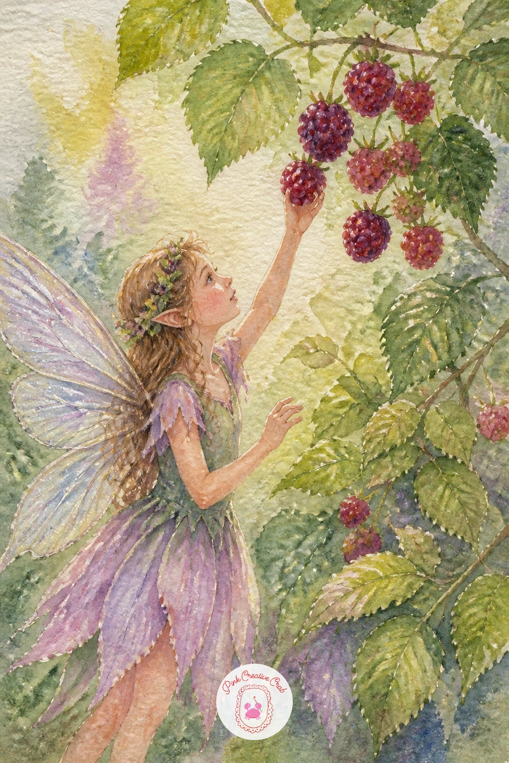 Fairy Picking Berries — Keep the mood playful with a fairy reaching up to pick a cluster of wild berries taller than she is. Fairy watercolor