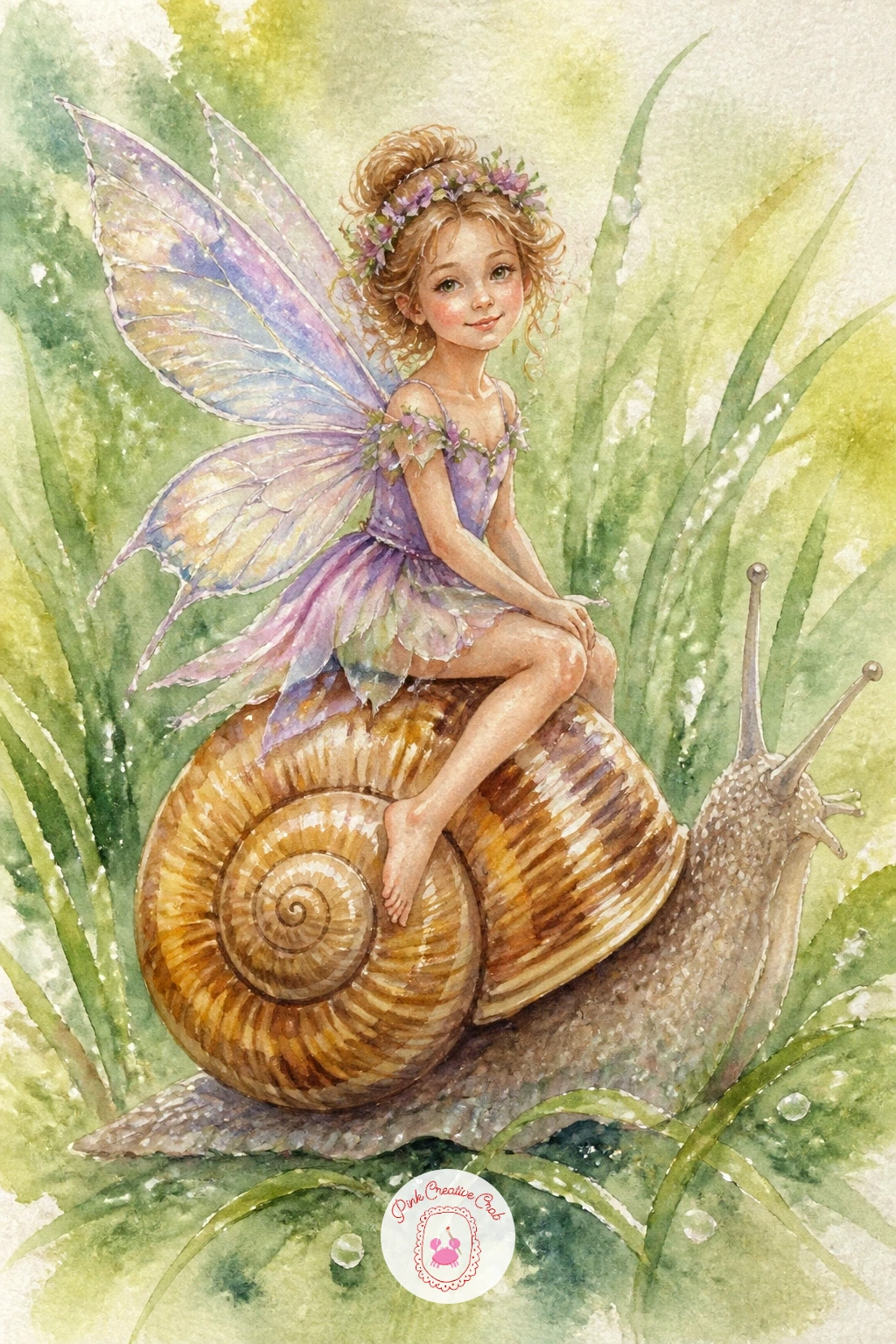 Fairy Sitting on a Snail — Slow the pace down with a fairy perched comfortably on the curved shell of a garden snail, as if hitching a ride. Fairy watercolor
