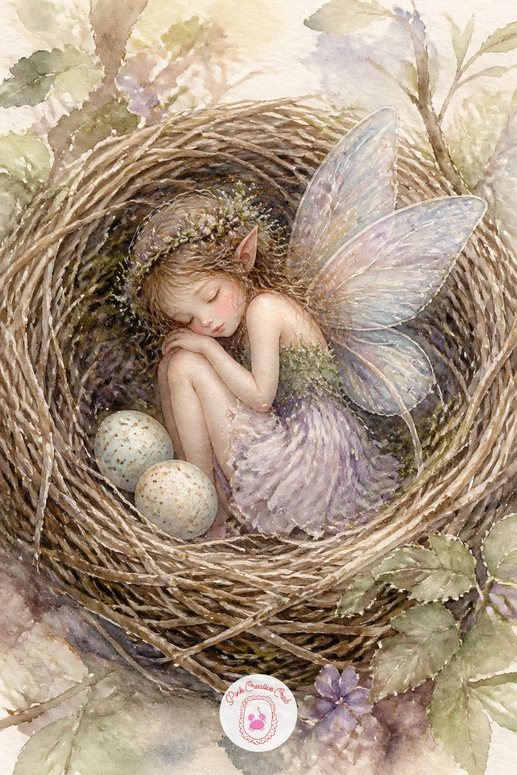 Fairy in a Bird's Nest — Nestle your fairy into a small woven bird's nest alongside a couple of speckled eggs. Fairy watercolor