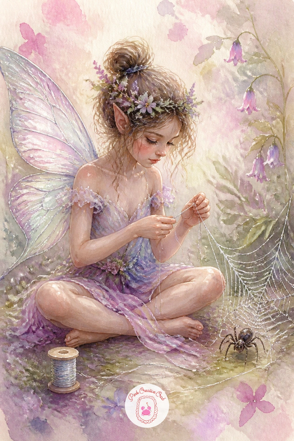 Fairy Sewing With a Spider Thread — Add a quiet bit of storytelling with a fairy using a strand of spider silk as thread while she sews, a needle in one hand.