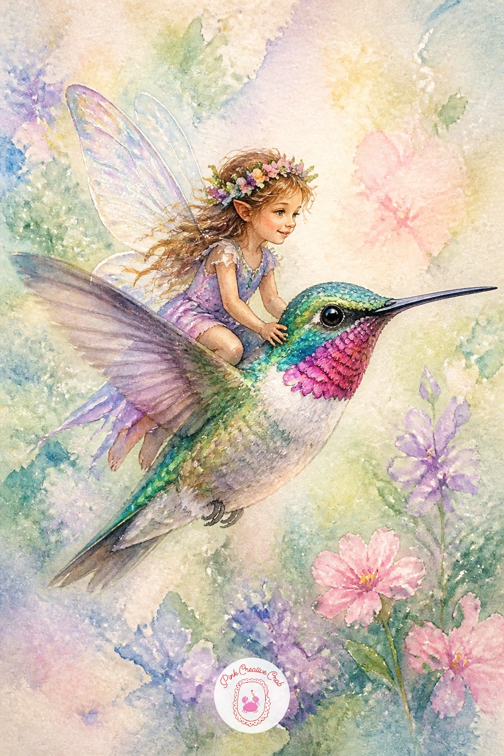 Fairy Riding a Hummingbird — Return to flight and motion with a fairy riding tucked low against the back of a hummingbird mid hover. Fairy watercolor