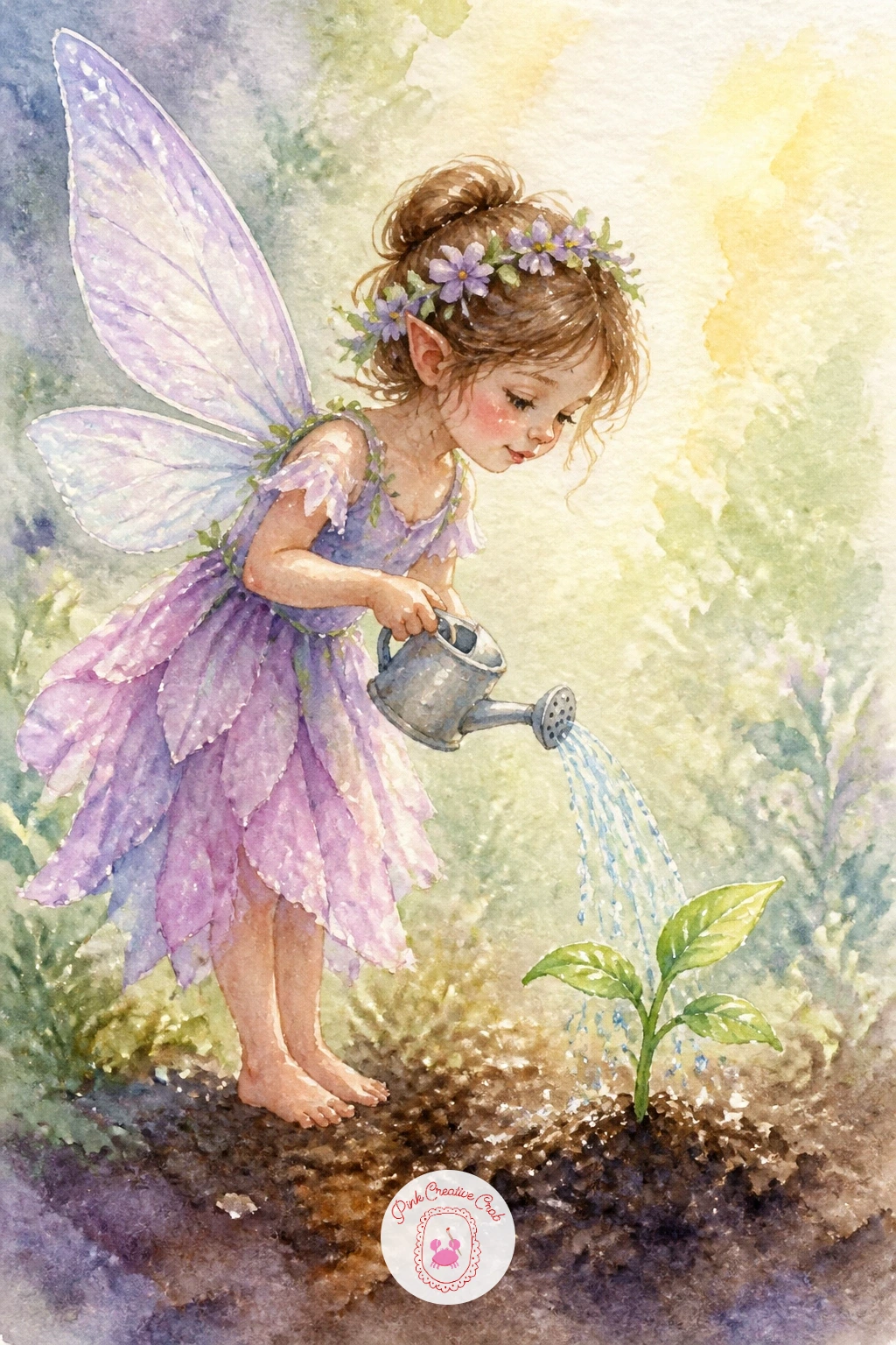 Fairy Watering a Seedling — Shift to a gentler, quieter gesture with a fairy tipping a tiny watering can over one small seedling just breaking through the