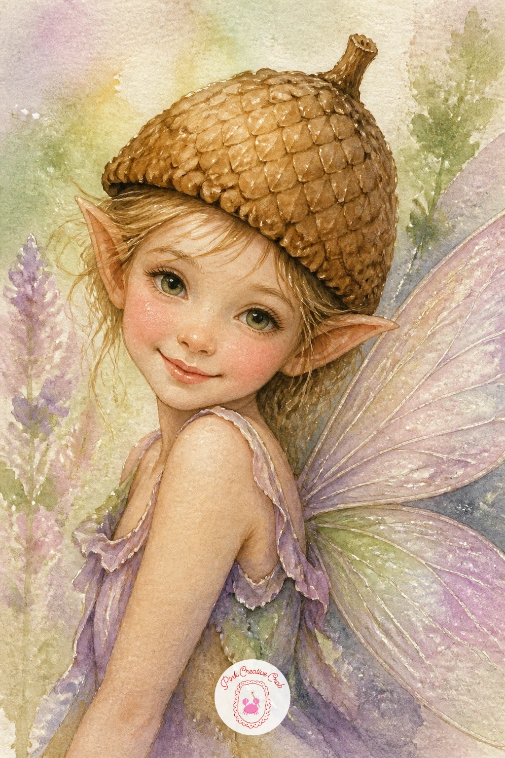 Fairy With Acorn Cap Hat — Give your fairy a bit of character with a simple portrait-style piece: one wearing an acorn cap as a tiny hat, tilted jauntily to