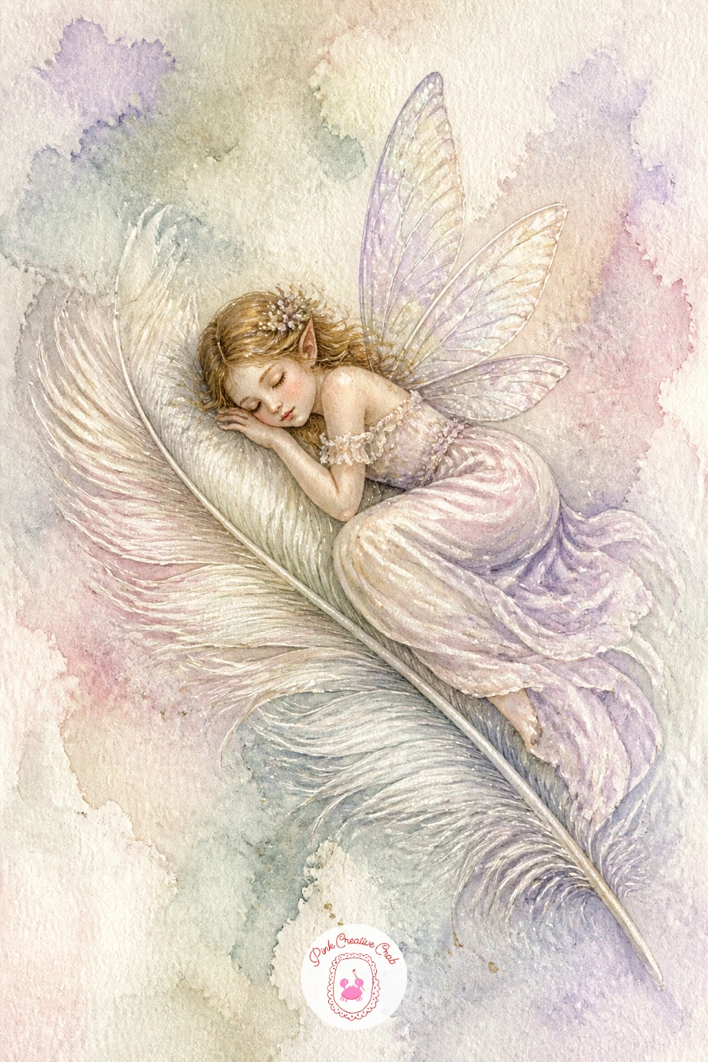Fairy Sleeping on a Feather — Return to a restful pose with a fairy asleep, stretched along the length of a large curved feather as if it were a bed. Fairy