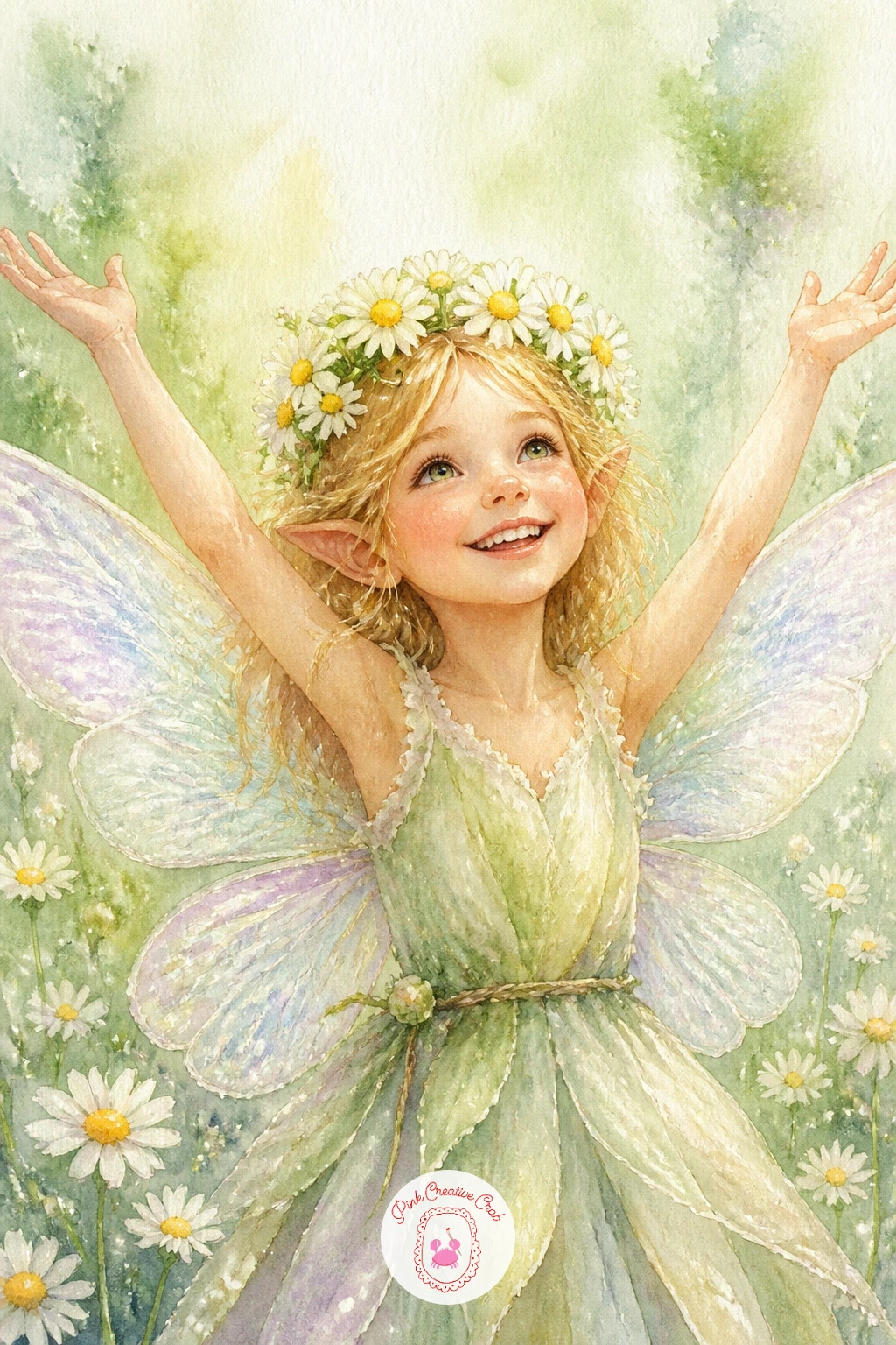 Fairy Crown Made of Daisies — Celebrate a lighter, joyful mood with a fairy wearing a small crown woven from daisies, hands raised as if she just placed it.