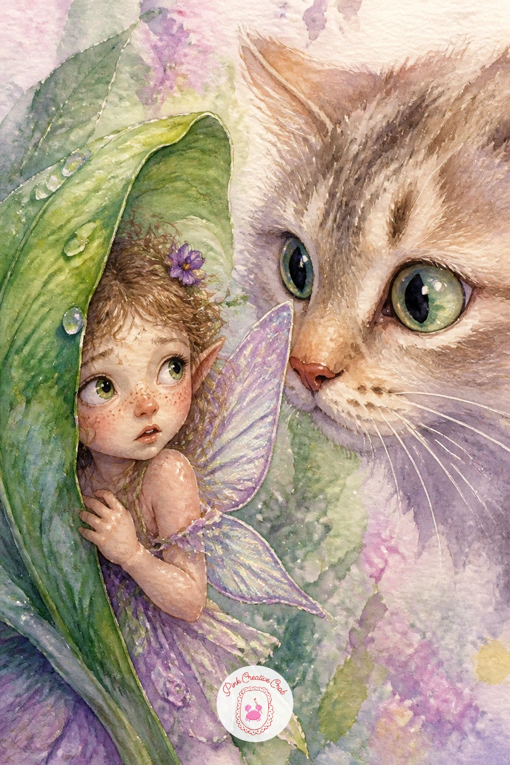 Fairy Hiding From a Cat — Add a little tension and humor with a fairy peeking out from behind a leaf, wide eyed, while a large cat's face looms nearby. Fairy