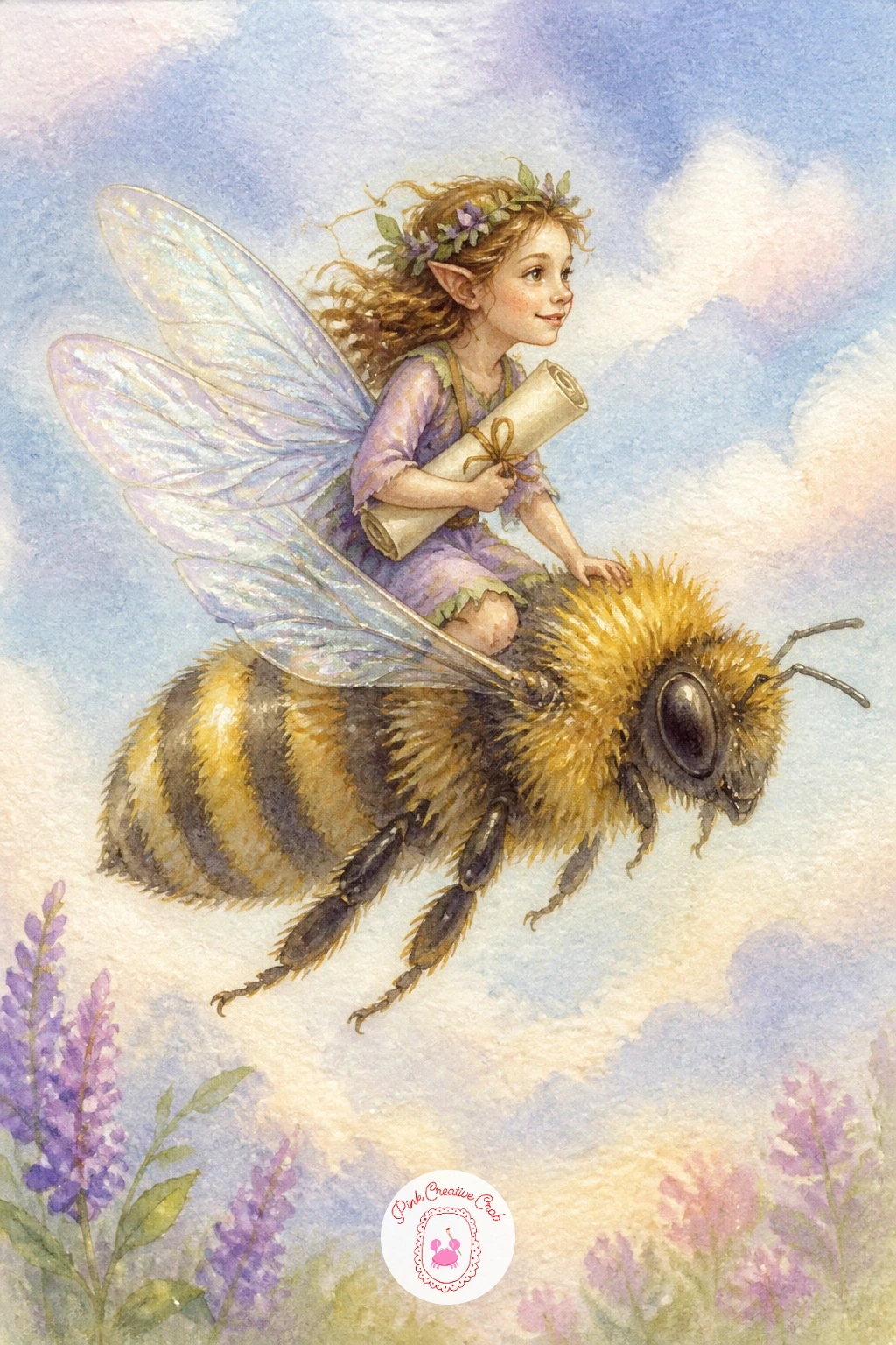 Fairy Mail Delivery by Bee — Add a small errand to the story with a fairy riding a bee, a tiny rolled letter tucked under one arm as she delivers mail. Fairy