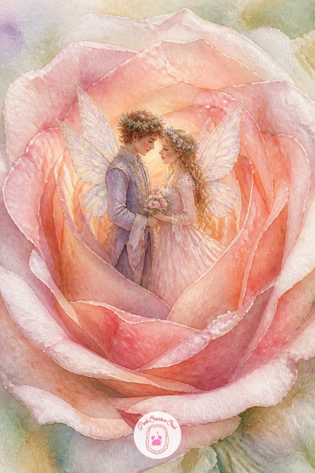 Fairy Wedding in a Rose — Build the most layered scene in the whole set with a tiny wedding taking place inside the open petals of a full rose. Fairy watercolor