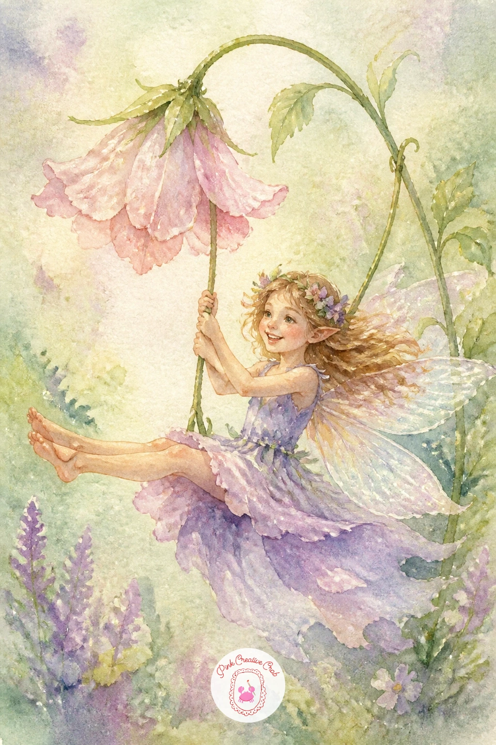 Fairy Swinging on a Flower Stem — Let your fairy play with a swing made from a bent, flexible flower stem, legs kicked out mid-swing. Fairy watercolor