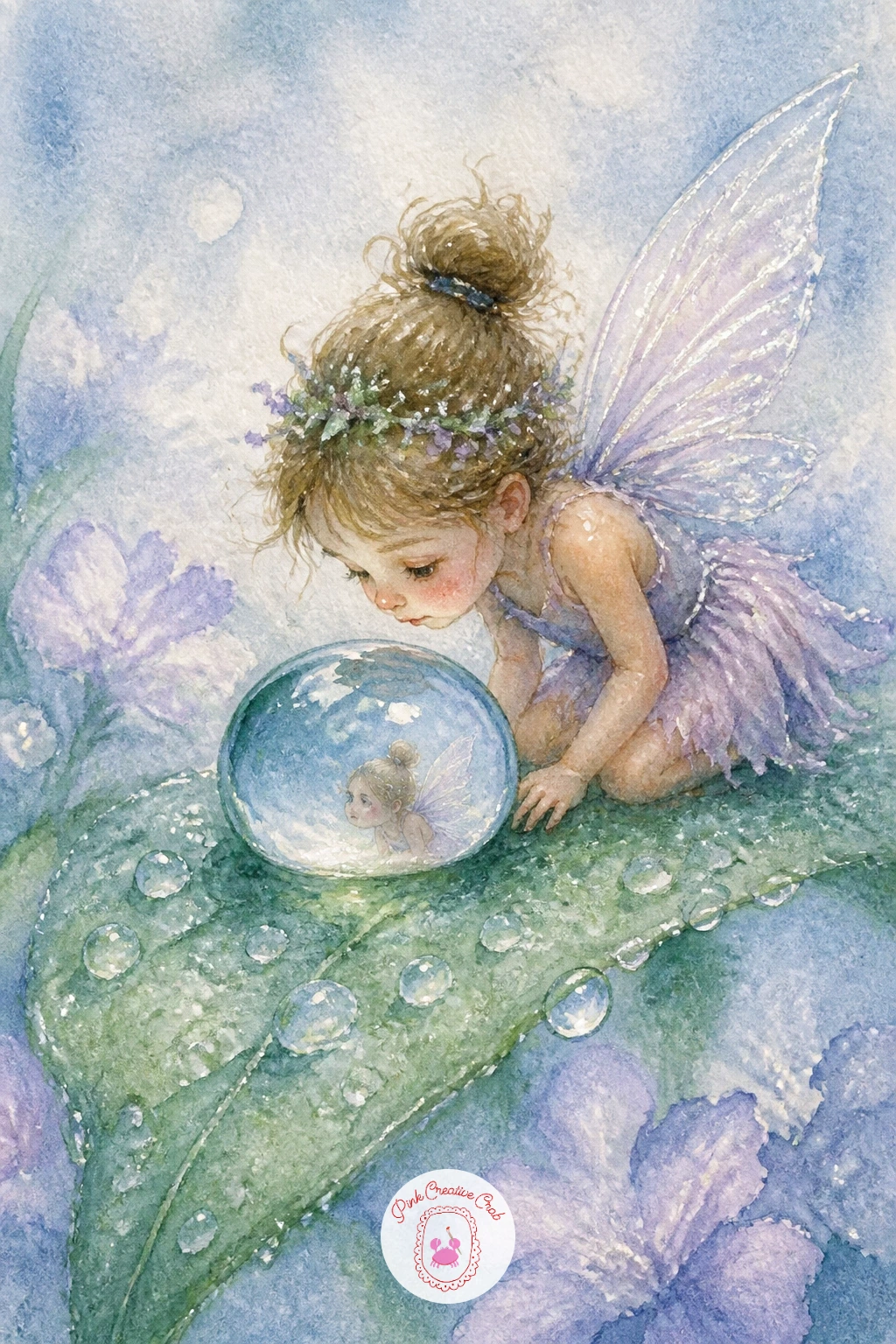 Fairy Looking at Her Reflection in a Raindrop — Turn inward for a quieter moment with a fairy leaning over a single large raindrop, studying her own small