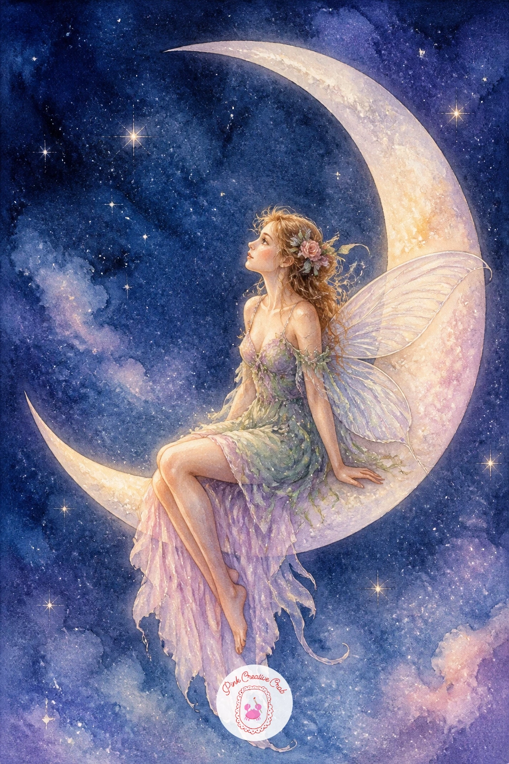 Moon Fairy on a Crescent — Take the scene up into the night sky with a fairy seated comfortably along the curve of a crescent moon. Fairy watercolor