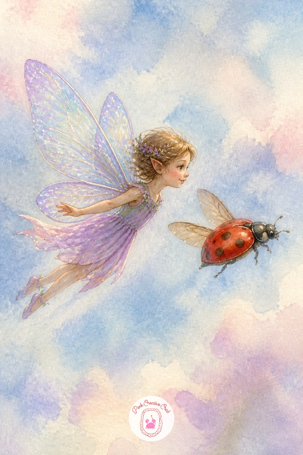 Fairy Flying With a Ladybird — Pair your fairy with another small flying companion, this time a bright red ladybird flying just alongside her rather than