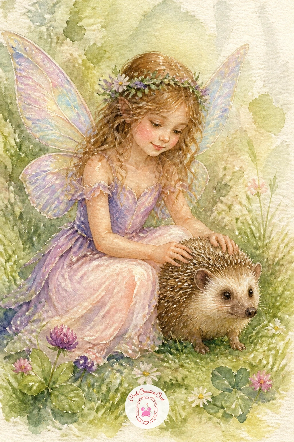 Fairy and a Hedgehog Friend — Add warmth with a quiet friendship moment, a fairy sitting beside a small hedgehog, one hand resting gently on its back. Fairy