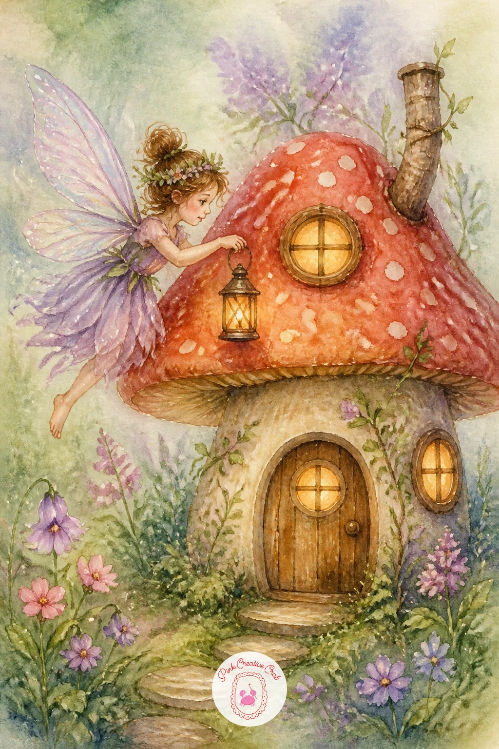 Fairy Decorating a Mushroom House — Bring back the mushroom theme with more detail this time, a fairy busy decorating a whole mushroom house with tiny lanterns