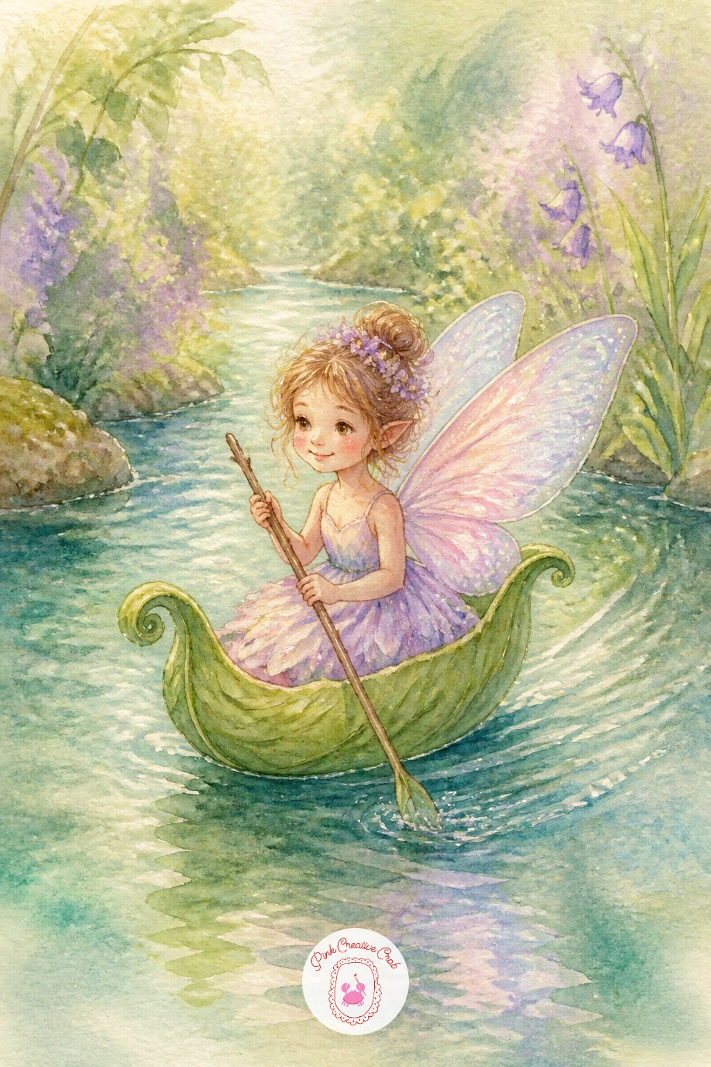 Fairy Floating on a Leaf Boat — Close the set on the water again with a fairy drifting along a stream aboard a curled leaf shaped like a tiny boat. Fairy