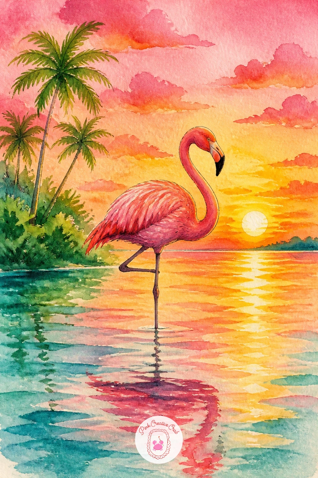 Flamingo In A Lagoon At Sunset — Start with the sky and water, since this flamingo lives inside a sunset rather than in front of one. Flamingo watercolor