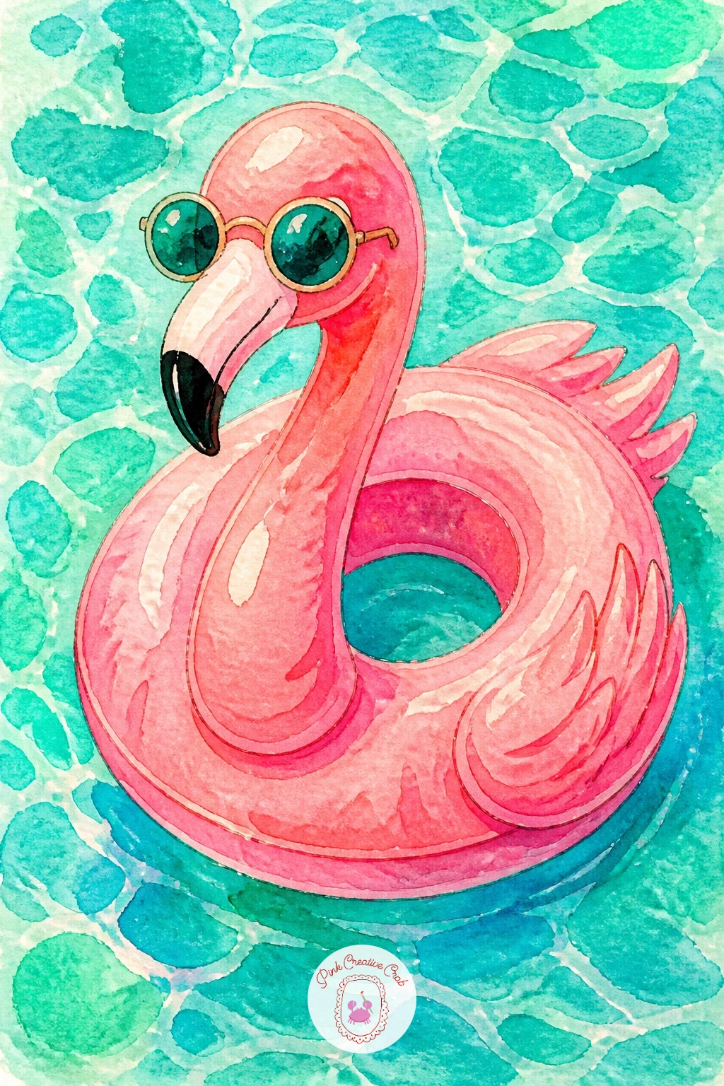 Flamingo On A Pool Float In Sunglasses — Flamingo on a pool float asks for a playful eye level, looking almost straight down as if you are floating beside her
