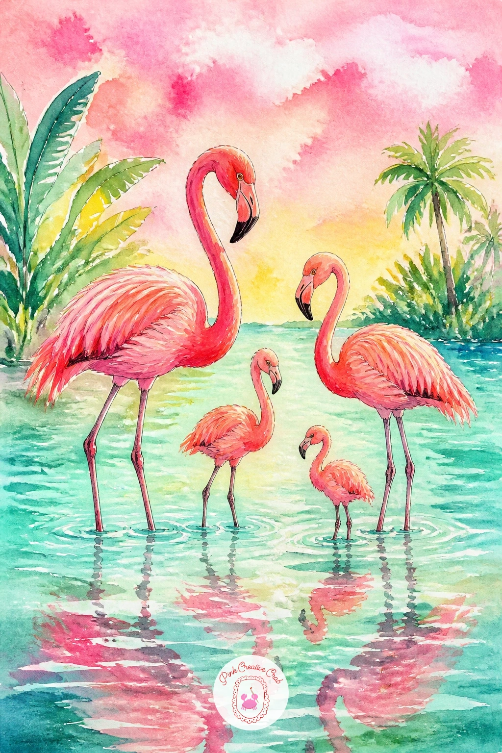Flamingo Family Wading — A flamingo family wading together means painting three or four birds at different sizes, so start with the tallest adult in the back
